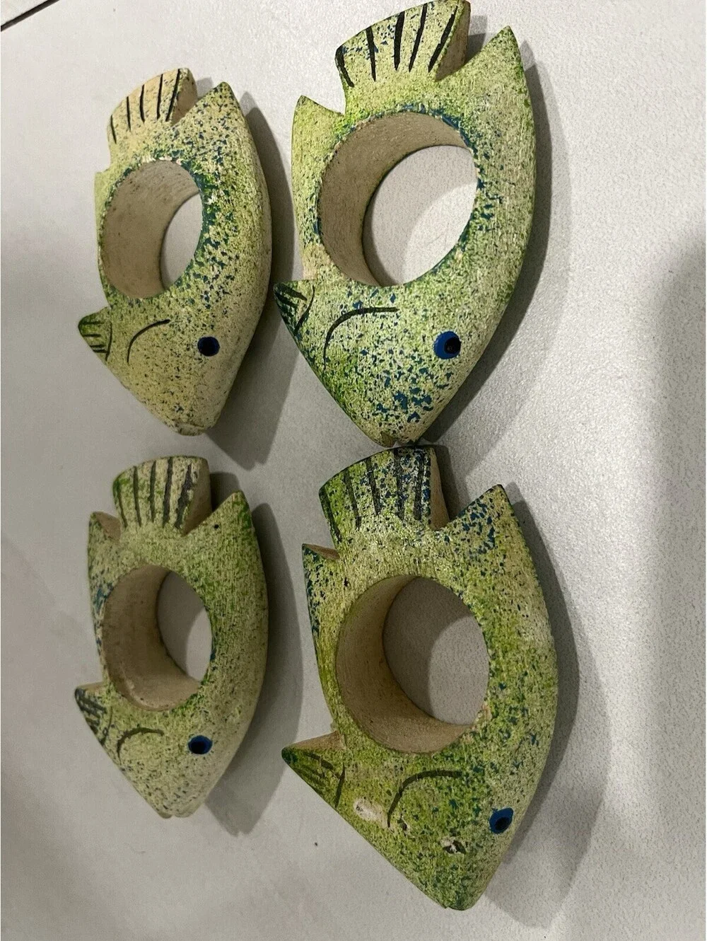 Fish Napkin Holders Rings Wooden, Tropical Fish Hand Painted Green - Set of 4